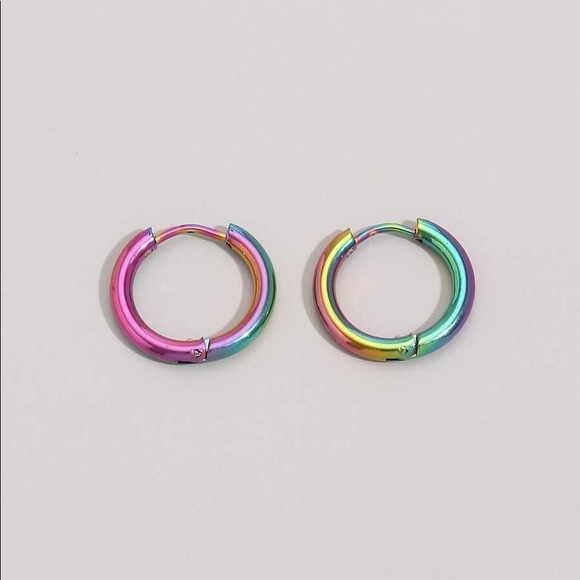 Oil Slick Titanium Thick Hoop Ear Hugger Steel Earrings, Unisex - Picture 2 of 4